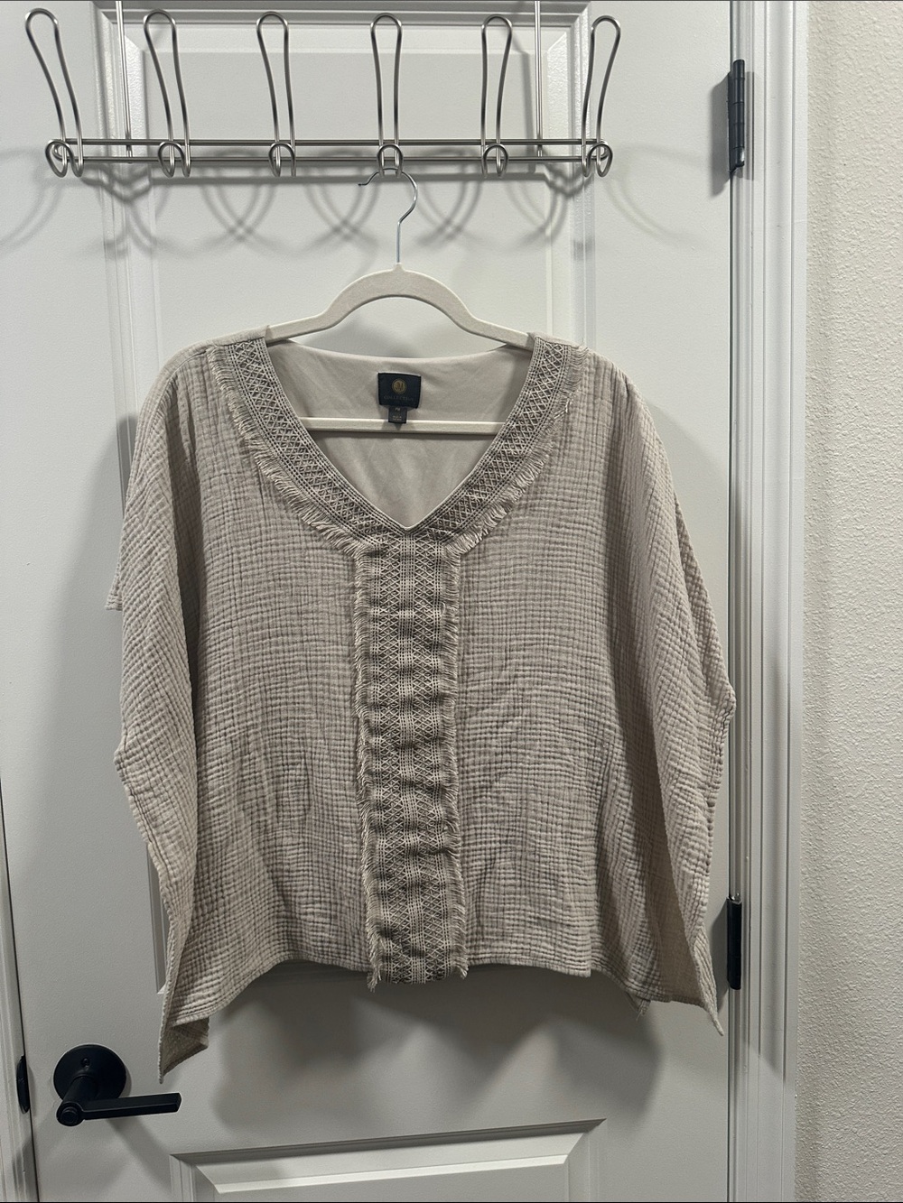 Boho JM COLLECTION V-Neck Textured Peasant Top - Beige